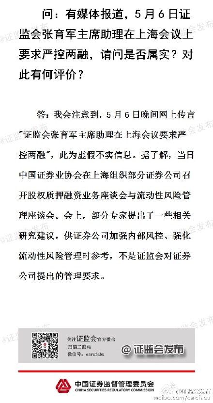 證監(jiān)會：“嚴(yán)控兩融”為虛假消息