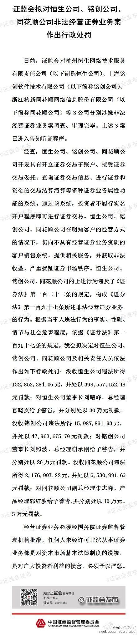 證監(jiān)會(huì)擬對(duì)恒生、銘創(chuàng)、同花順等公司作出行政處罰